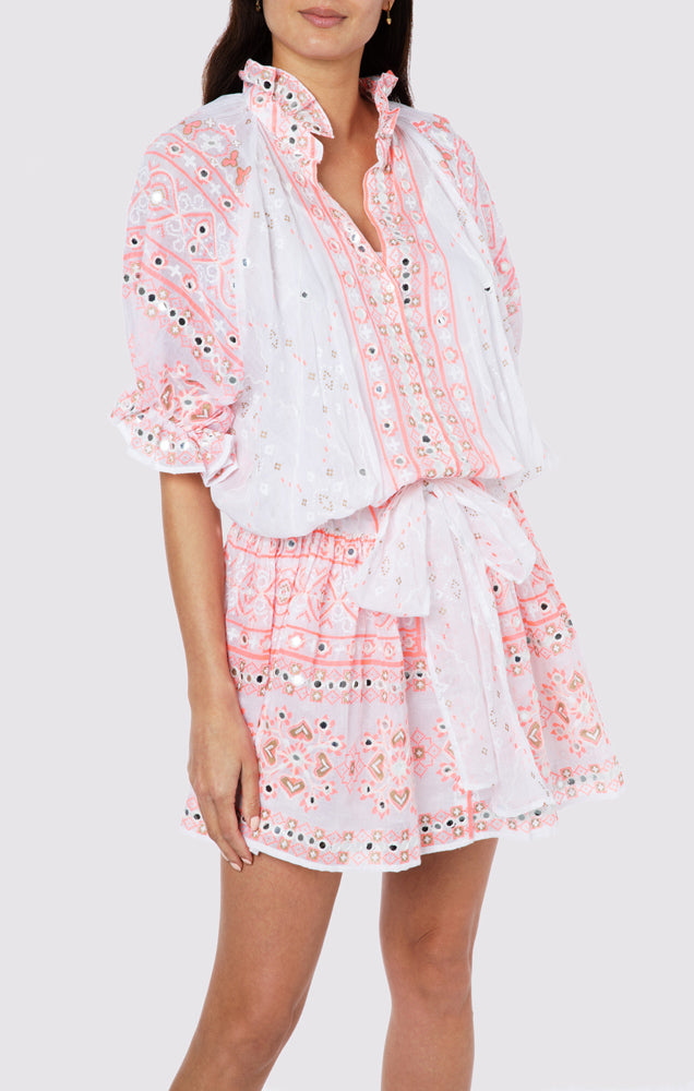 Load image into Gallery viewer, Mosaic Print Blouson Dress with Mirror Embro - Slip White Coral Gold - Dress
