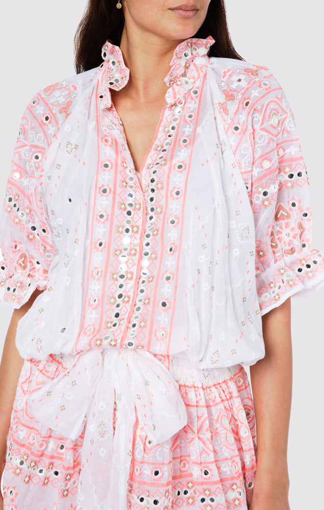 Load image into Gallery viewer, Mosaic Print Blouson Dress with Mirror Embro - Slip White Coral Gold - Dress
