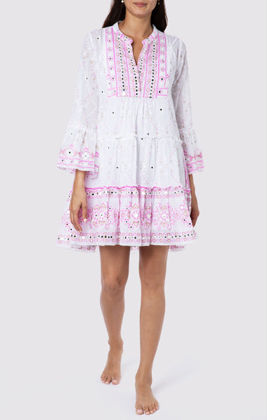 Mosaic Dress: Flared Sleeve with Gold & White Embroidery - Dress