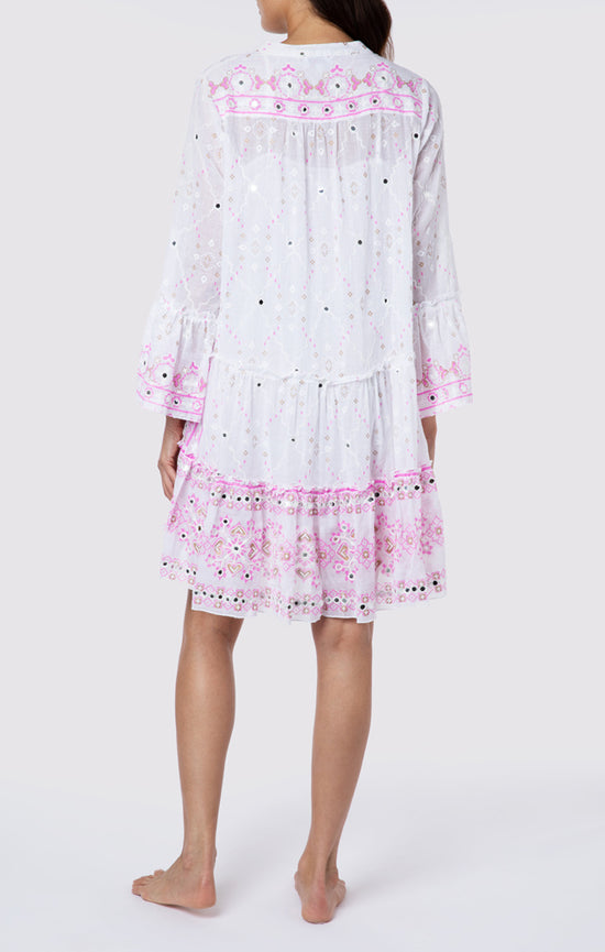 Mosaic Print Flared Sleeve Dress with Mirror Embroidery White Coral Gold
