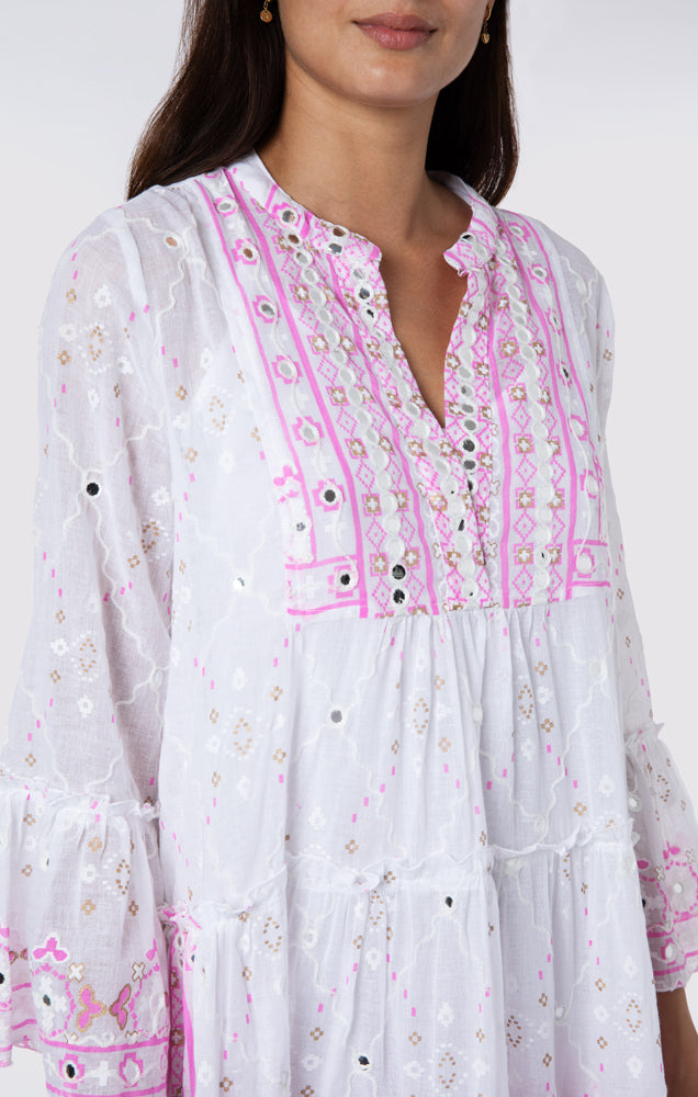 Mosaic Print Flared Sleeve Dress with Mirror Embroidery White Coral Gold