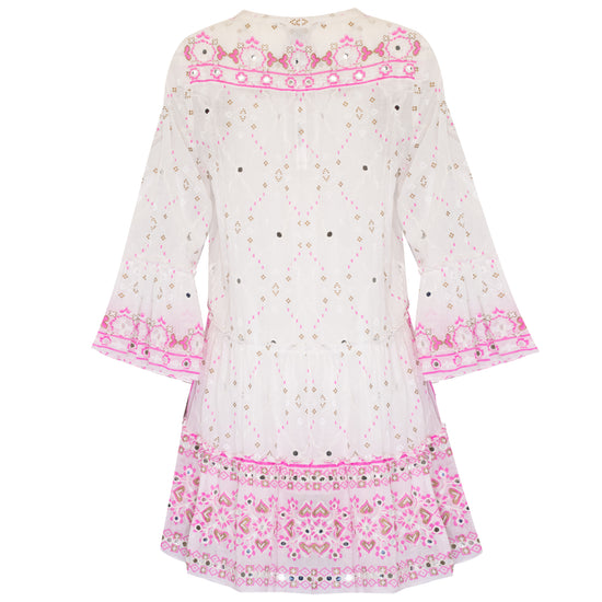 Mosaic Print Flared Sleeve Dress with Mirror Embroidery White Coral Gold