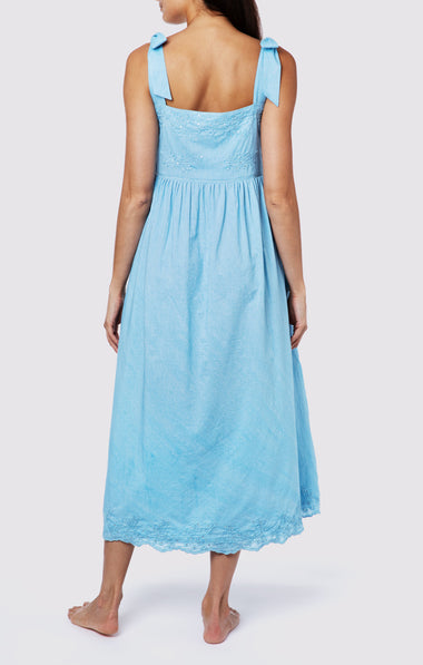 Tie Shoulder Dress With Tonal Lotus Embroidery Blue Acid Wash - Dress