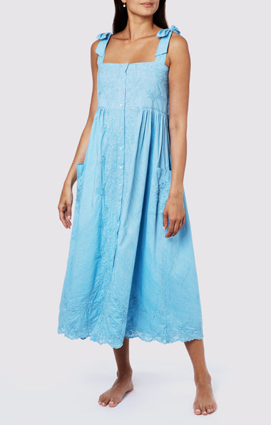 Tie Shoulder Dress With Tonal Lotus Embroidery Blue Acid Wash - Dress