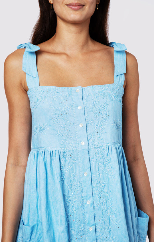 Tie Shoulder Dress With Tonal Lotus Embroidery Blue Acid Wash
