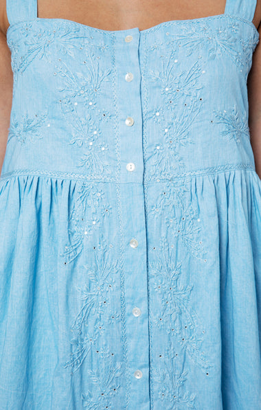 Tie Shoulder Dress With Tonal Lotus Embroidery Blue Acid Wash - Dress