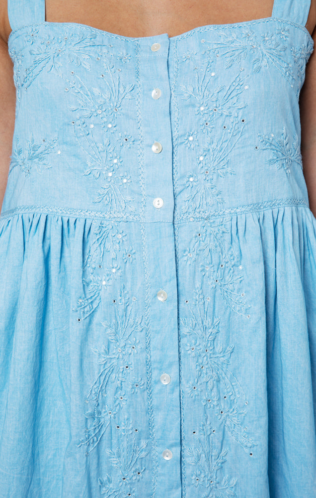 Load image into Gallery viewer, Tie Shoulder Dress With Tonal Lotus Embroidery Blue Acid Wash - Dress

