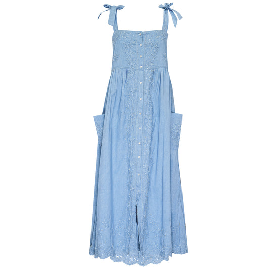 Tie Shoulder Dress With Tonal Lotus Embroidery Blue Acid Wash