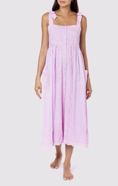 Tie Shoulder Dress With Tonal Lotus Embriodery Blue Acid Wash - Dress