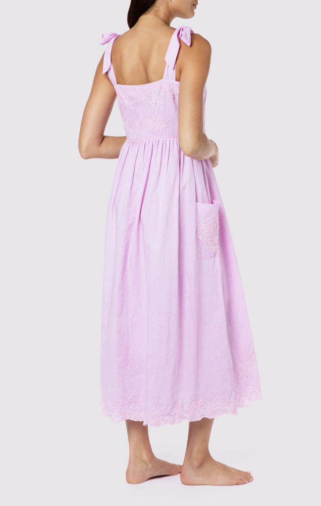 Load image into Gallery viewer, Tie Shoulder Dress With Tonal Lotus Embriodery Blue Acid Wash - Dress
