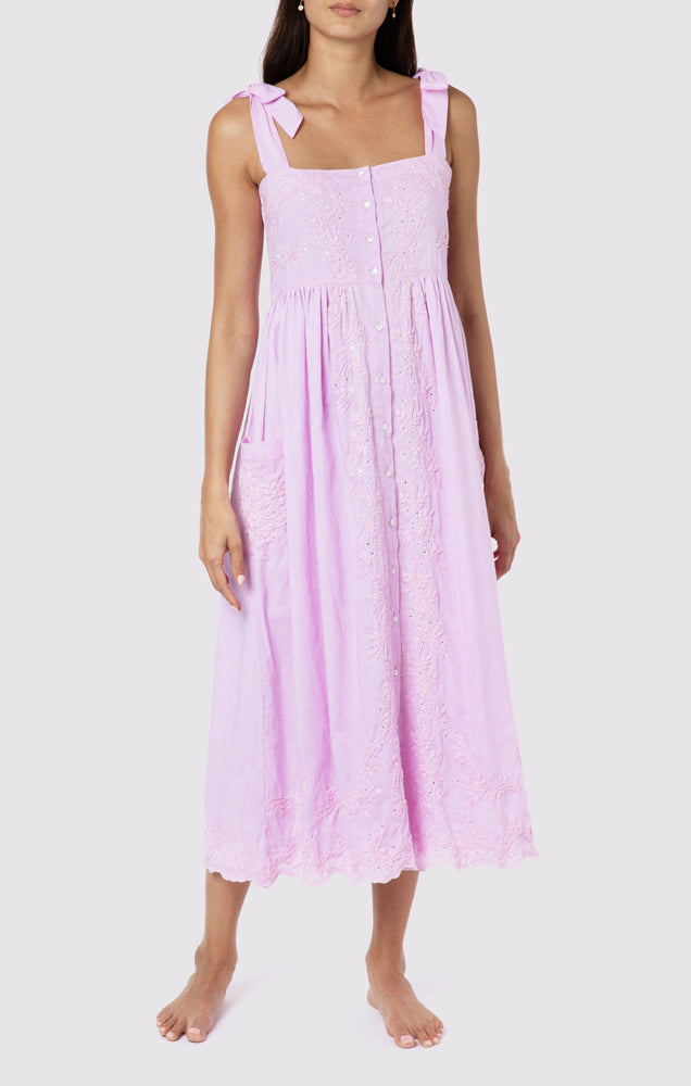 Load image into Gallery viewer, Tie Shoulder Dress With Tonal Lotus Embriodery Blue Acid Wash - Dress
