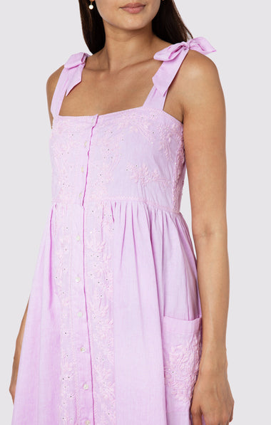 Tie Shoulder Dress With Tonal Lotus Embriodery Blue Acid Wash - Dress