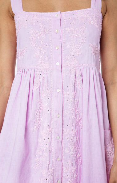 Tie Shoulder Dress With Tonal Lotus Embriodery Blue Acid Wash - Dress