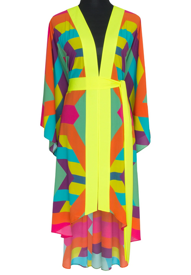 Tribal Colorful Kimono Wings In Neon Yellow Long - Kaftan