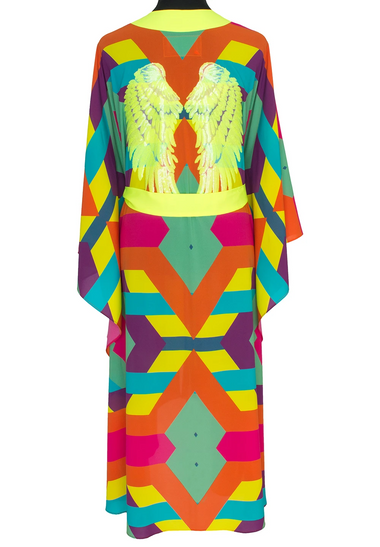 Tribal Colorful Kimono Wings In Neon Yellow Long - Kaftan