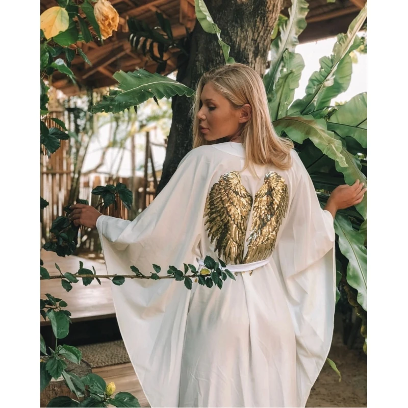 Load image into Gallery viewer, White Kimono with Angel Wings Long - Kimono
