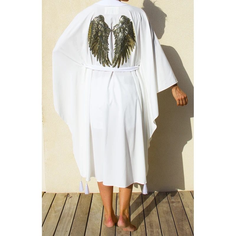 Load image into Gallery viewer, White Kimono with Angel Wings Long - Kimono
