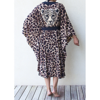Leopard Print Kimono With Black Trim - Kaftan