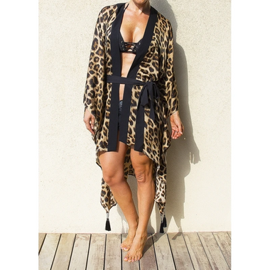 Leopard Print Kimono With Black Trim - Kaftan