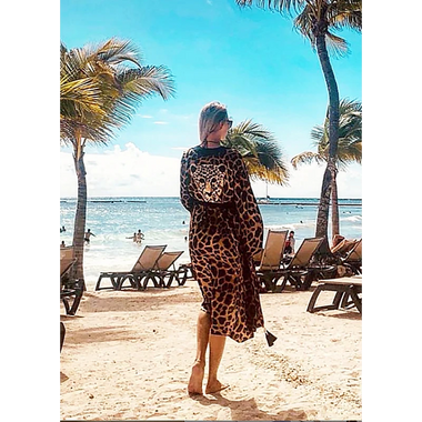 Leopard Print Kimono With Black Trim - Kaftan