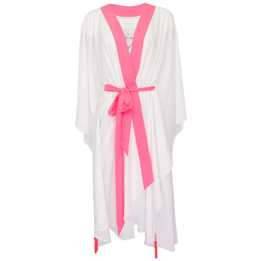 White Long Kimono Skull In Neon Pink - Kaftan