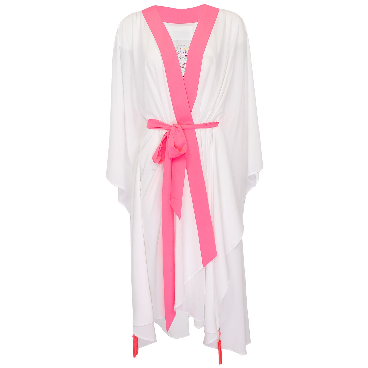 Load image into Gallery viewer, White Long Kimono Skull In Neon Pink - Kaftan
