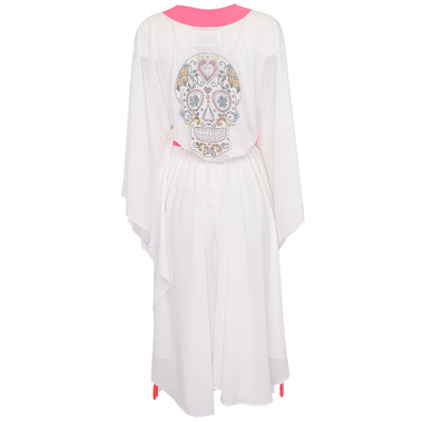 White Long Kimono Skull In Neon Pink - Kaftan