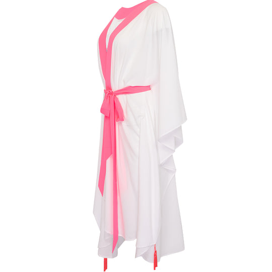 White Long Kimono Skull In Neon Pink - Kaftan