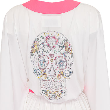 White Long Kimono Skull In Neon Pink - Kaftan