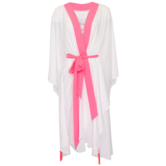White Long Kimono Skull In Neon Pink - Kaftan