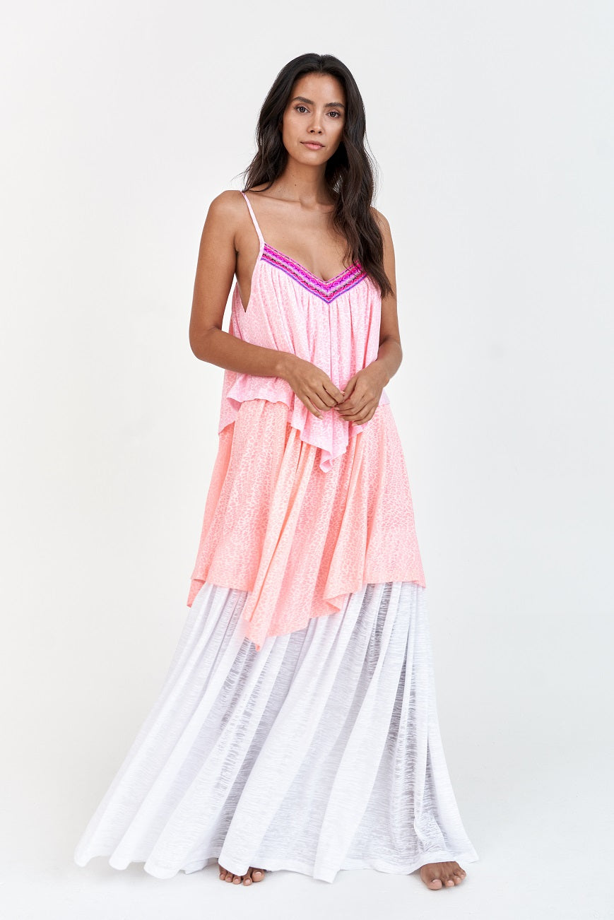 Model wearing Three Tiered Dress in Light Pink, Salmon and White