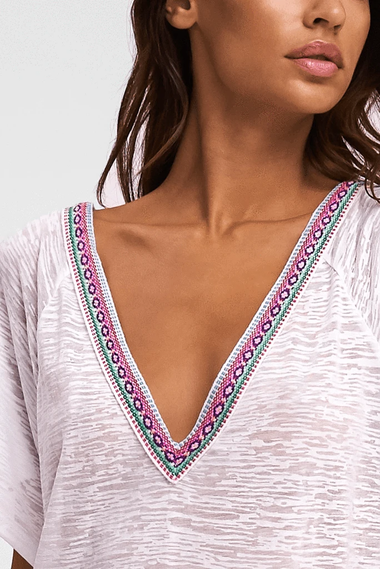 close up of breathable swimsuit cover up dress inca detailing