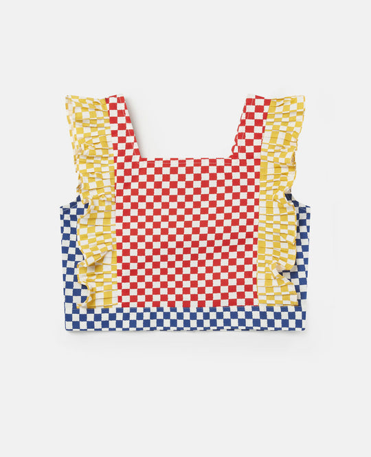 Girls Square Neck Top in Checkered Print
