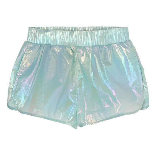 Load image into Gallery viewer, Girls Metallic Shorts in Aqua Blue | Holographic Shorts for Kids
