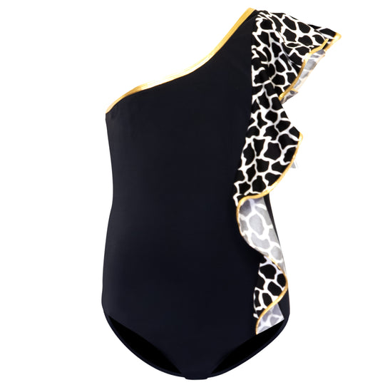 Girls Black Swimsuit with Ruffles 