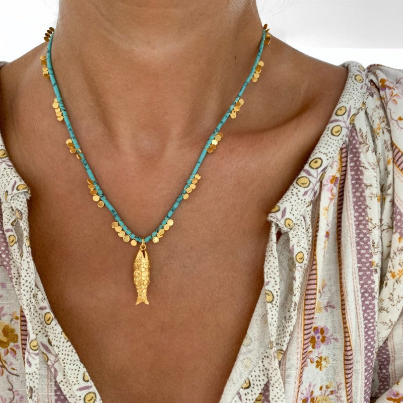 Load image into Gallery viewer, Gioia Gold Fish Small Turquoise Necklace
