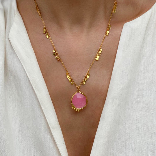 Model showcasing the Pink Stone Necklace by Sara Lashay