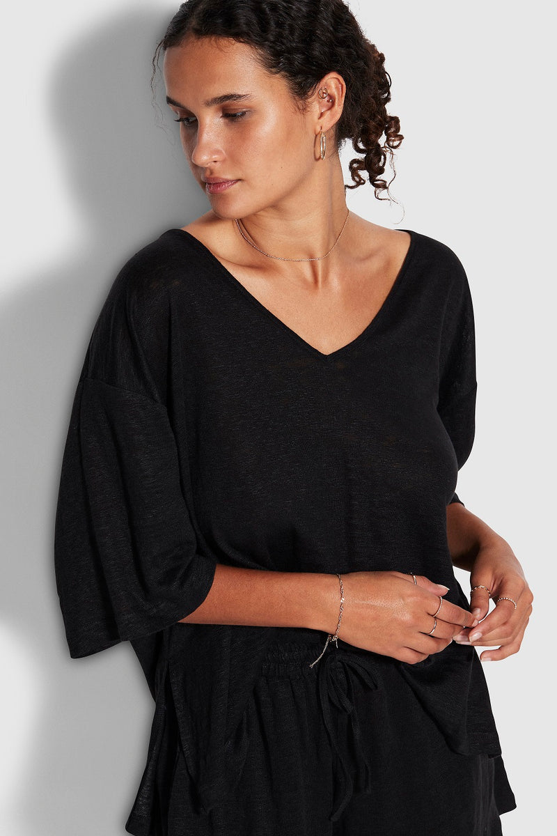Beach Edit Linen Jersey Top Black