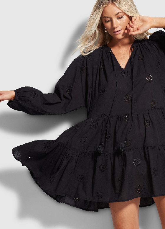 Load image into Gallery viewer, Embroidery Tiered Dress Black - Dress
