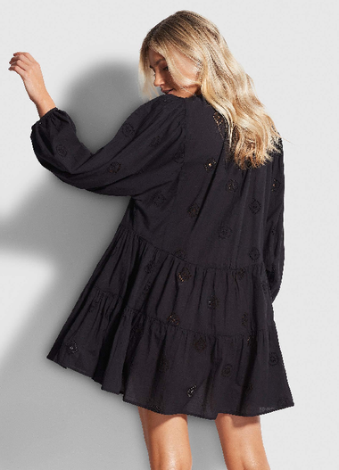 Embroidery Tiered Dress Black - Dress