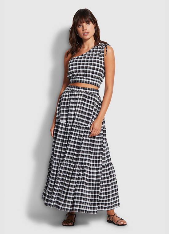 Load image into Gallery viewer, Portofino Gingham Tiered Maxi Skirt Black
