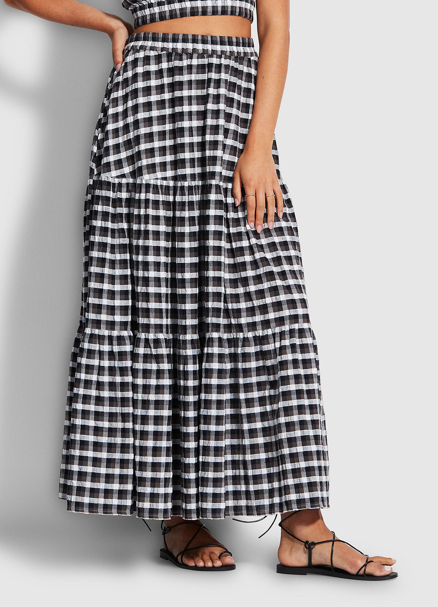 Load image into Gallery viewer, Portofino Gingham Tiered Maxi Skirt Black
