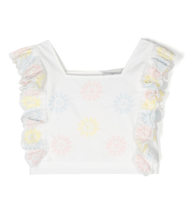 Girls White Ruffle Top with Floral Embroidery