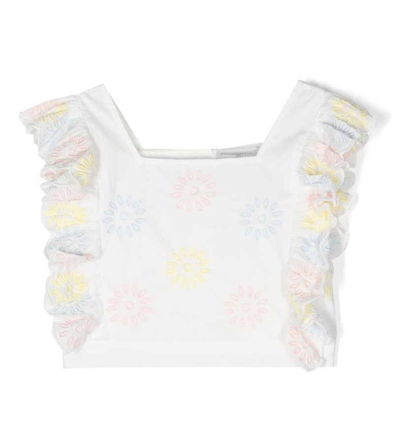 Girls White Ruffle Top with Floral Embroidery