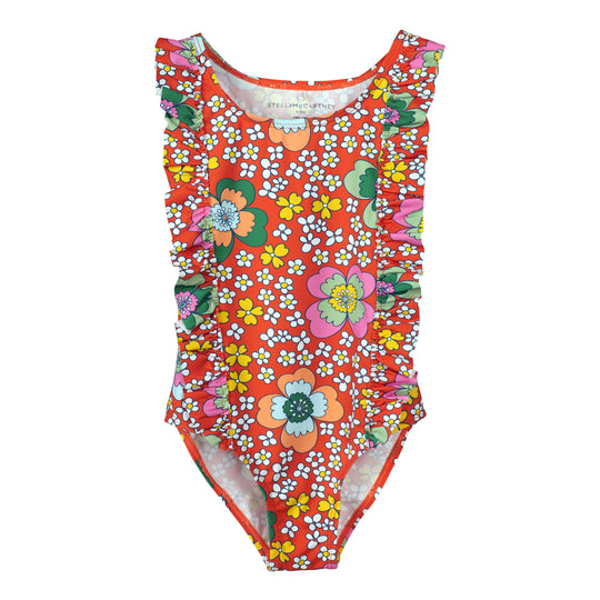 Girls Red One Piece Swimsuit in Floral Print