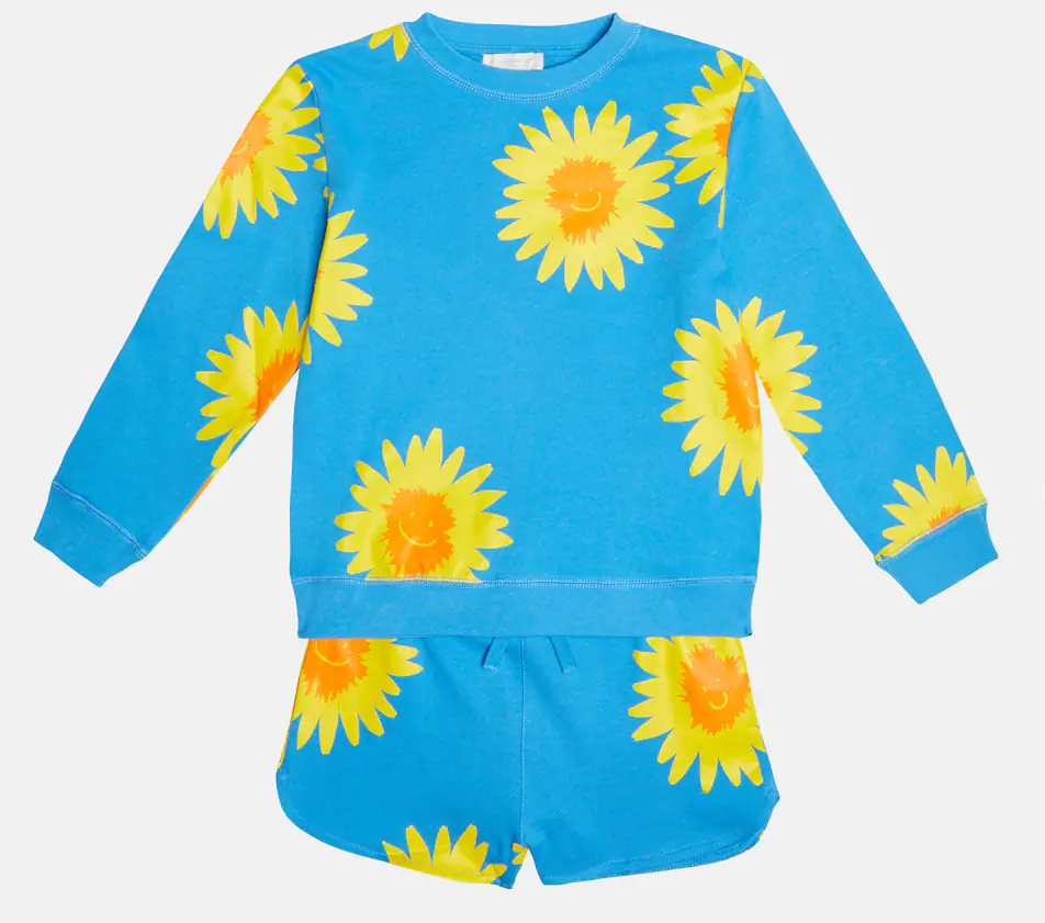 Load image into Gallery viewer, Girls Tracksuit Shorts Set in Sunflower Print | Kids Sweat Shorts Set
