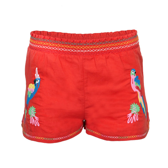 Girls Red Shorts with Parrot Embroidery