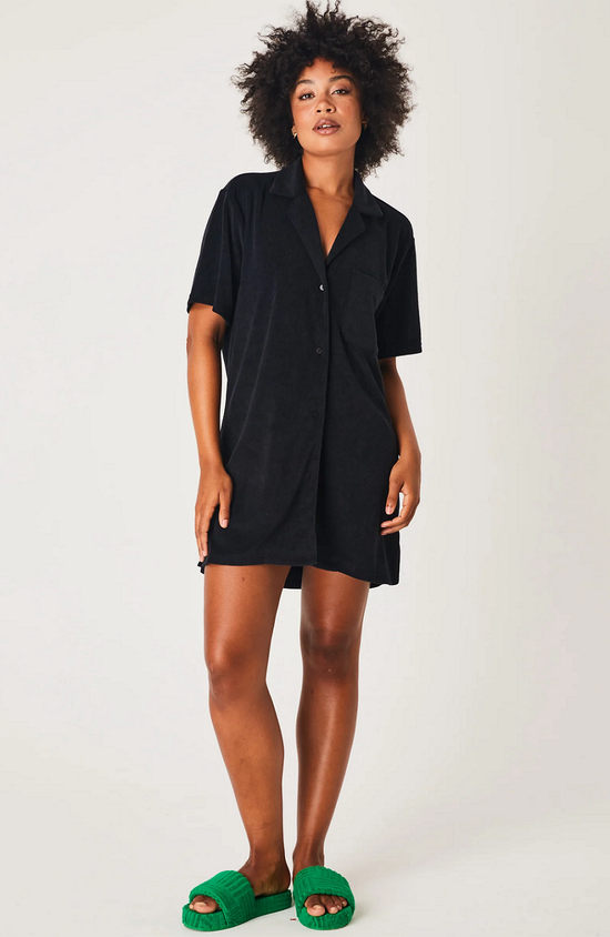 Terry Shirt Dress with Tie Black