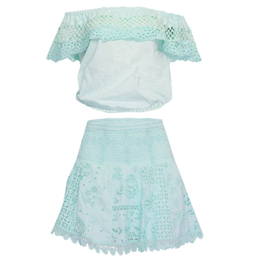 Off shoulder top and skirt set in aqua