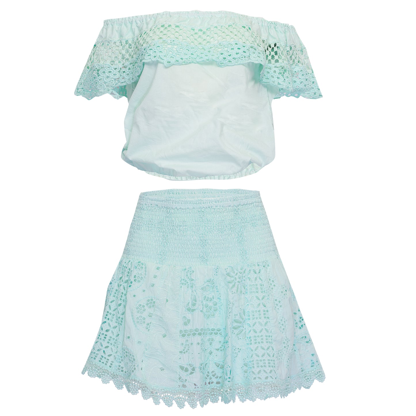 Load image into Gallery viewer, Off shoulder top and skirt set in aqua
